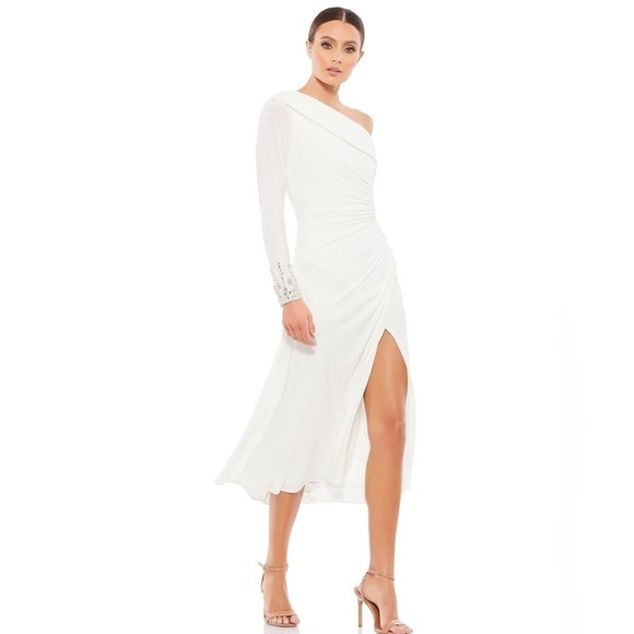 NWT Mac Duggal White 26485 Foldover Long Sleeve JeweledMidi Dress sz 12